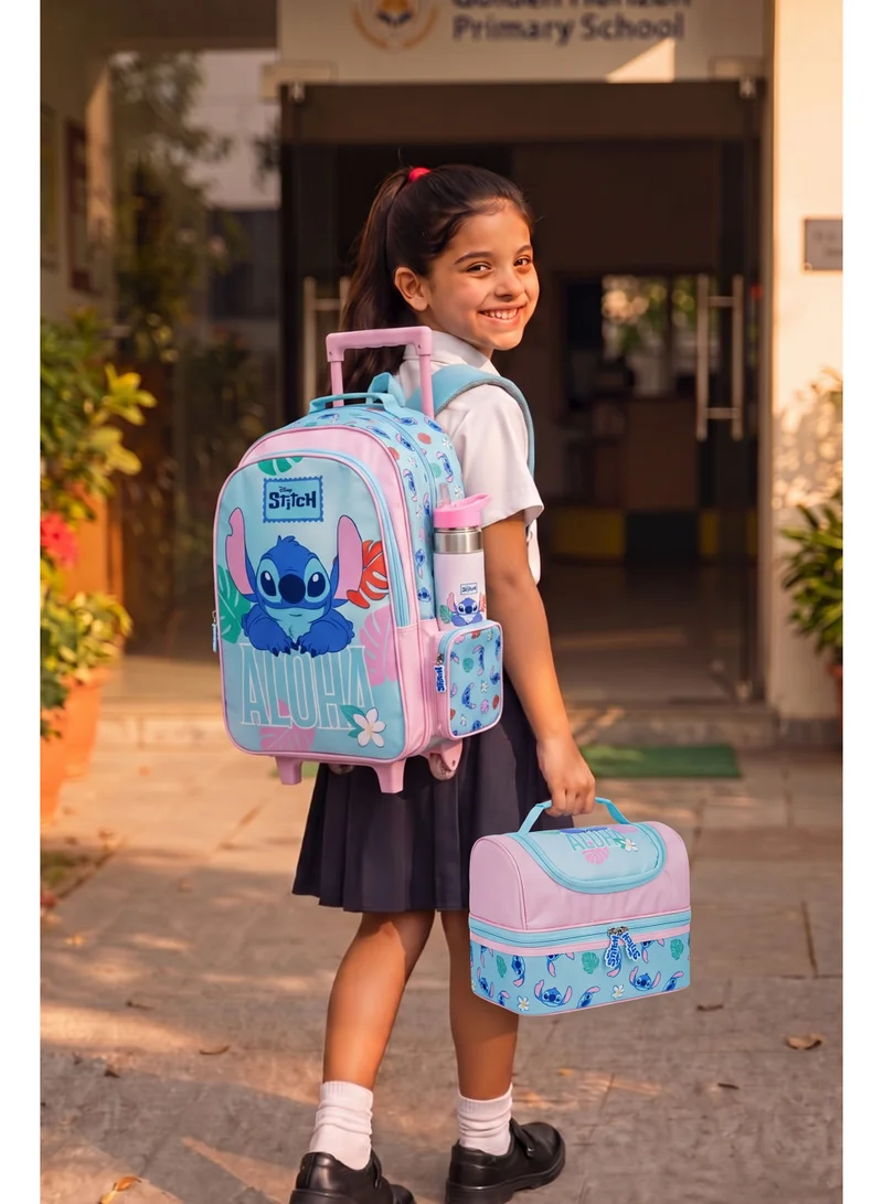 ديزني Disney Stitch Premium 5-in-1 Kids Trolley School Set 18" | Rolling Backpack, Lunch Bag, Lunch Box, Water Bottle & Pencil Case | Water Resistant  | Girls School Bag