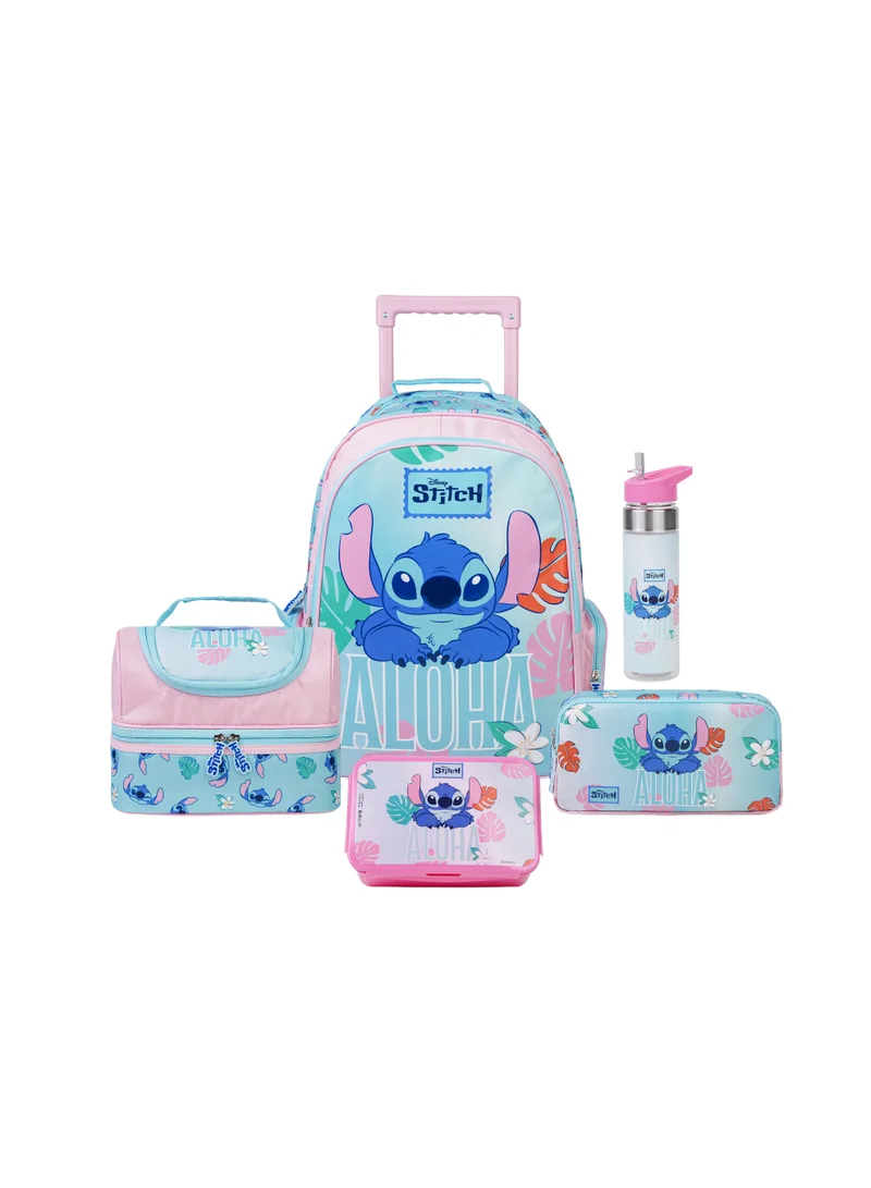 ديزني Disney Stitch Premium 5-in-1 Kids Trolley School Set 18" | Rolling Backpack, Lunch Bag, Lunch Box, Water Bottle & Pencil Case | Water Resistant  | Girls School Bag
