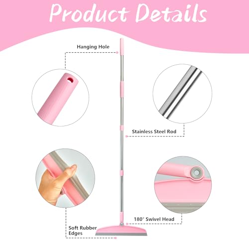 OOOFLOWER Multifunction Silicone Broom, 54 Inch Adjustable Long Handle Rubber Broom Sweeper for Floor Bathroom Kitchen Shower Pet Hair Glass(Gray Pink) - Image 3