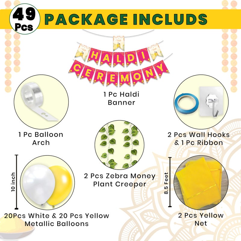 1iAM باقة ديكور هالدي 1iAM مكونة من 49 قطعة - لافتة واحدة لاحتفال الهالدي، 40 بالون، 2 شبكة صفراء، 2 ورقة زيبرا، 2 خطاف، 1 شريط و 1 قوس | عناصر ديكور ما قبل الزفاف للزواج - Image 2
