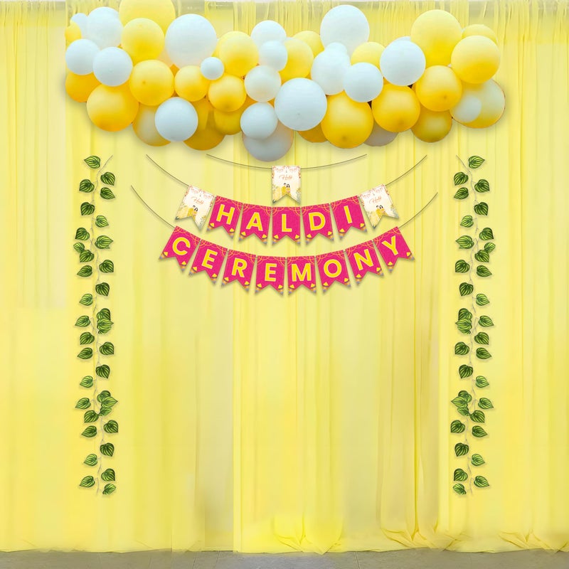 1iAM باقة ديكور هالدي 1iAM مكونة من 49 قطعة - لافتة واحدة لاحتفال الهالدي، 40 بالون، 2 شبكة صفراء، 2 ورقة زيبرا، 2 خطاف، 1 شريط و 1 قوس | عناصر ديكور ما قبل الزفاف للزواج - Image 1