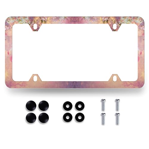 MUAWUOIK Watercolor Pink Cherry Blossom License Plate Frame Beautiful Floral Flowers License Plate Stainless Steel Accessory Colorful License Plate Personalise Decoration with Screws 123 x 63 Women - Image 1