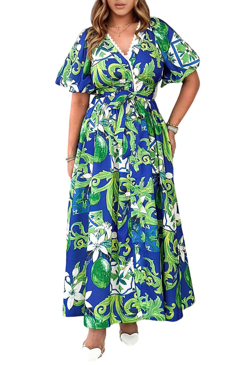 Maxigerui Women's Summer Floral Maxi Dress Spring Wedding Guest Dress 2026 Belted Blue Green Floral XL - Image 1
