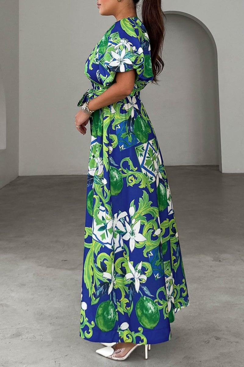 Maxigerui Women's Summer Floral Maxi Dress Spring Wedding Guest Dress 2026 Belted Blue Green Floral XL - Image 4