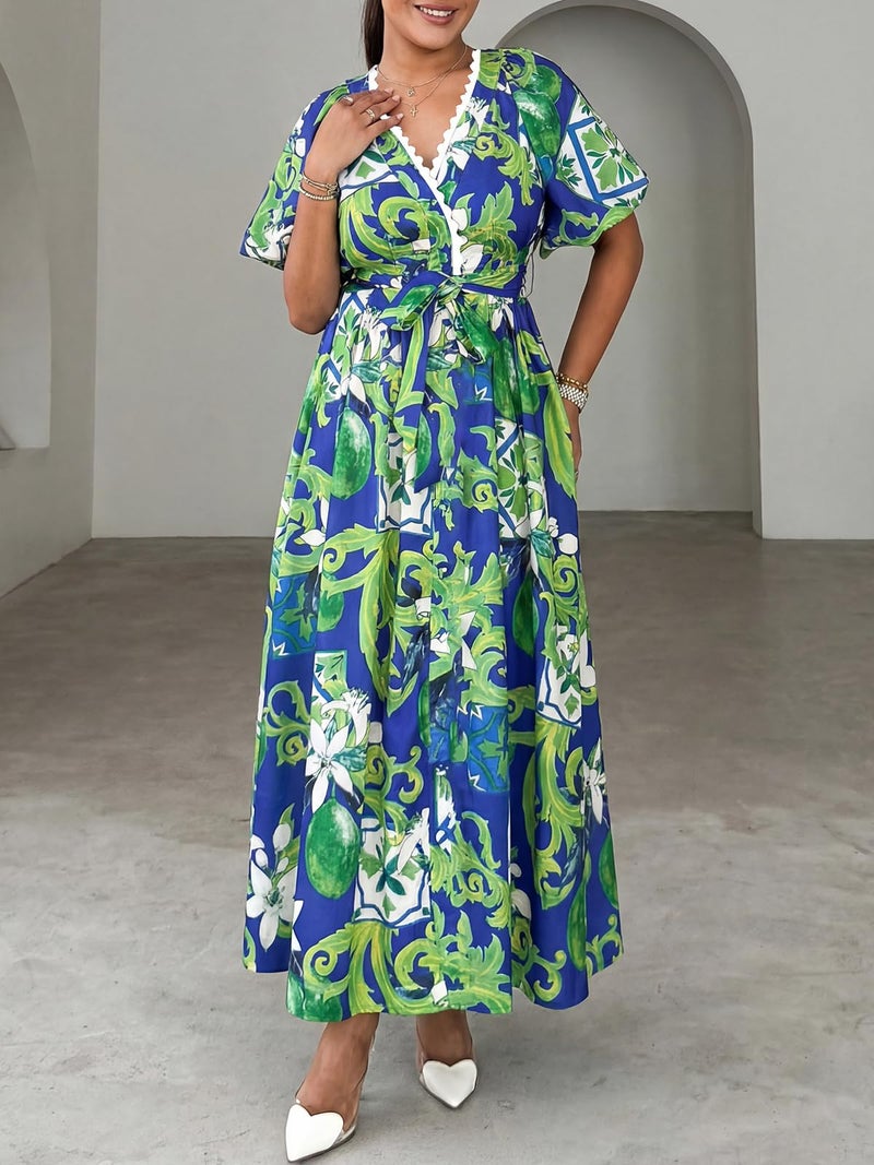 Maxigerui Women's Summer Floral Maxi Dress Spring Wedding Guest Dress 2026 Belted Blue Green Floral XL - Image 2
