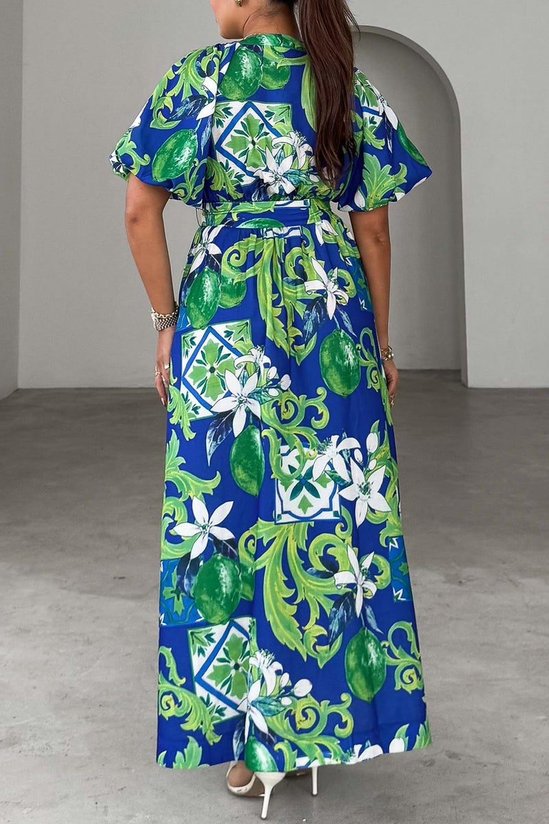 Maxigerui Women's Summer Floral Maxi Dress Spring Wedding Guest Dress 2026 Belted Blue Green Floral XL - Image 5