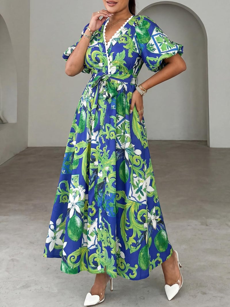Maxigerui Women's Summer Floral Maxi Dress Spring Wedding Guest Dress 2026 Belted Blue Green Floral XL - Image 3
