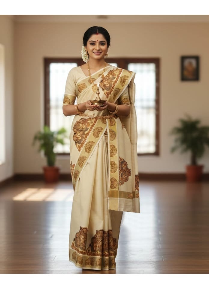 A.M Kerala Kasavu saree featuring traditional mural-style prints - Image 1