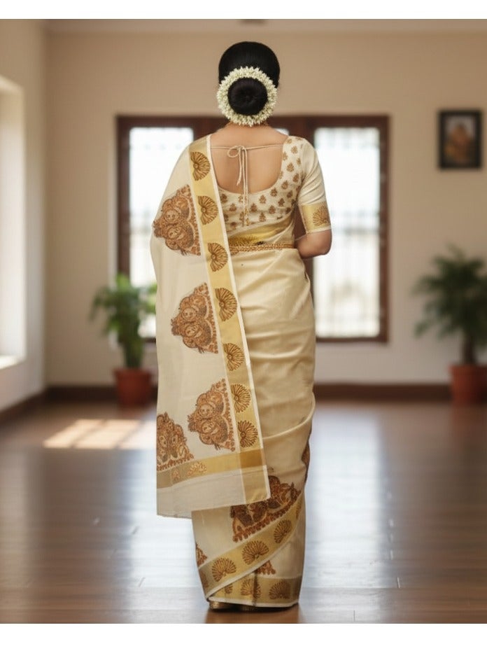 A.M Kerala Kasavu saree featuring traditional mural-style prints - Image 2