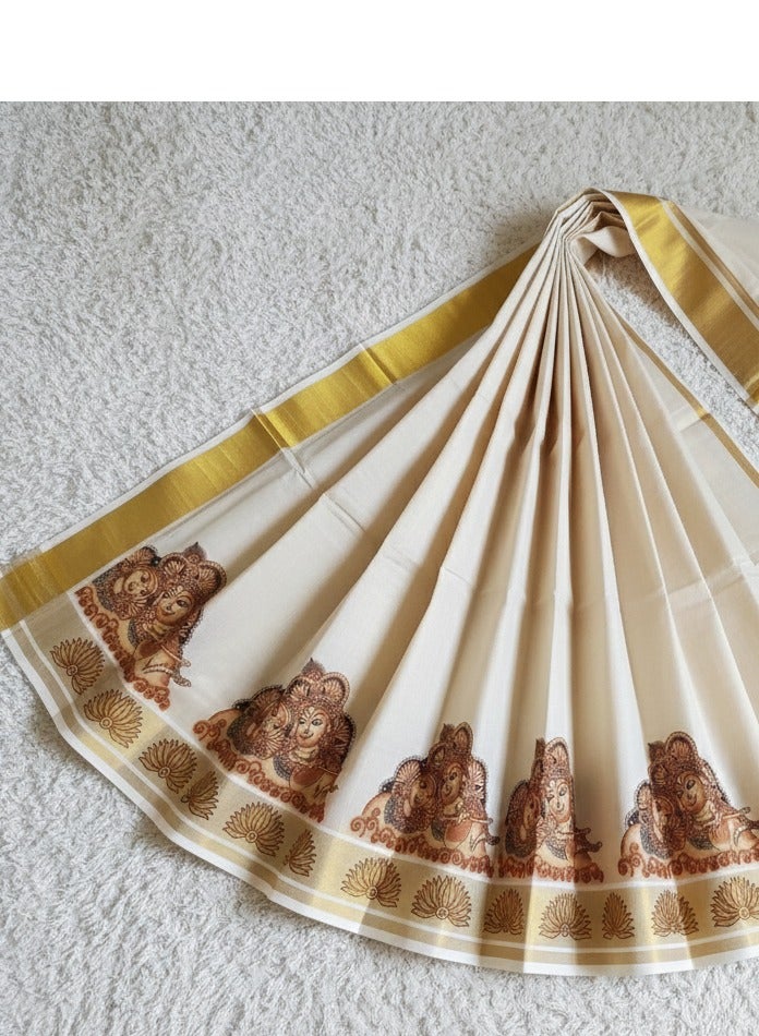 A.M Kerala Kasavu saree featuring traditional mural-style prints - Image 3