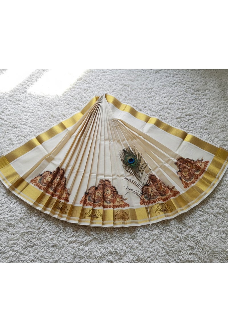 A.M Kerala Kasavu saree featuring traditional mural-style prints - Image 4