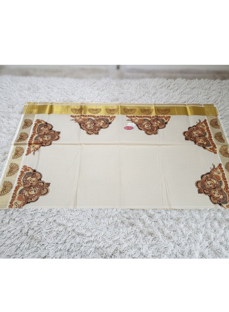 A.M Kerala Kasavu saree featuring traditional mural-style prints - Image 5