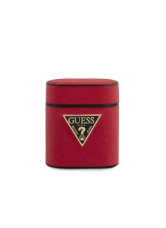 Guess PU Saffiano Round Shape Case with Metal Logo, Scratch & Drop Resistant For Airpods 1 & 2 - Red