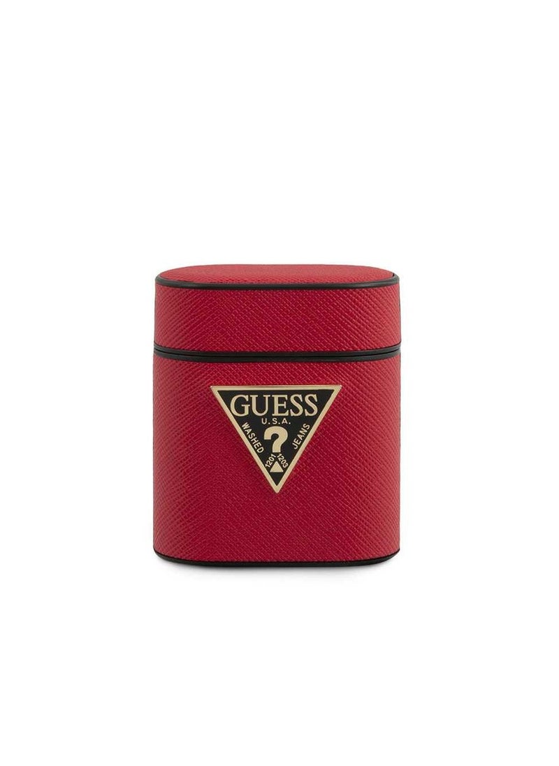 GUESS - Guess PU Saffiano Round Shape Case with Metal Logo, Scratch & Drop Resistant For Airpods 1 & 2 - Red - Image 1