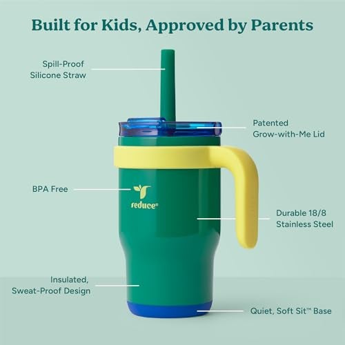 REDUCE 14 Oz Coldee Kids Tumbler with Lid and Straw - Coldee Insulated Travel Mug - Spill-Proof, Sweatproof Stainless Steel, BPA-Free - Includes Handle, Reusable Silicone Straw - Camp Green - Image 4
