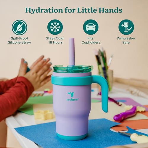 REDUCE 14 Oz Coldee Kids Tumbler with Lid and Straw - Coldee Insulated Travel Mug - Spill-Proof, Sweatproof Stainless Steel, BPA-Free - Includes Handle, Reusable Silicone Straw - Camp Green - Image 3