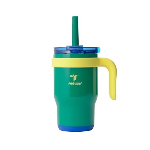 REDUCE 14 Oz Coldee Kids Tumbler with Lid and Straw - Coldee Insulated Travel Mug - Spill-Proof, Sweatproof Stainless Steel, BPA-Free - Includes Handle, Reusable Silicone Straw - Camp Green - Image 1