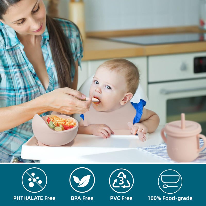 Dormlony 100% Silicone Baby Feeding Set,BPA Free Baby Dishes Set with Suction Bowl Divided Plate,Toddler Self Feeding Dish Set with Spoons Forks Sippy Cup and Bib, Baby Eating Utensils (Pink) - Image 4