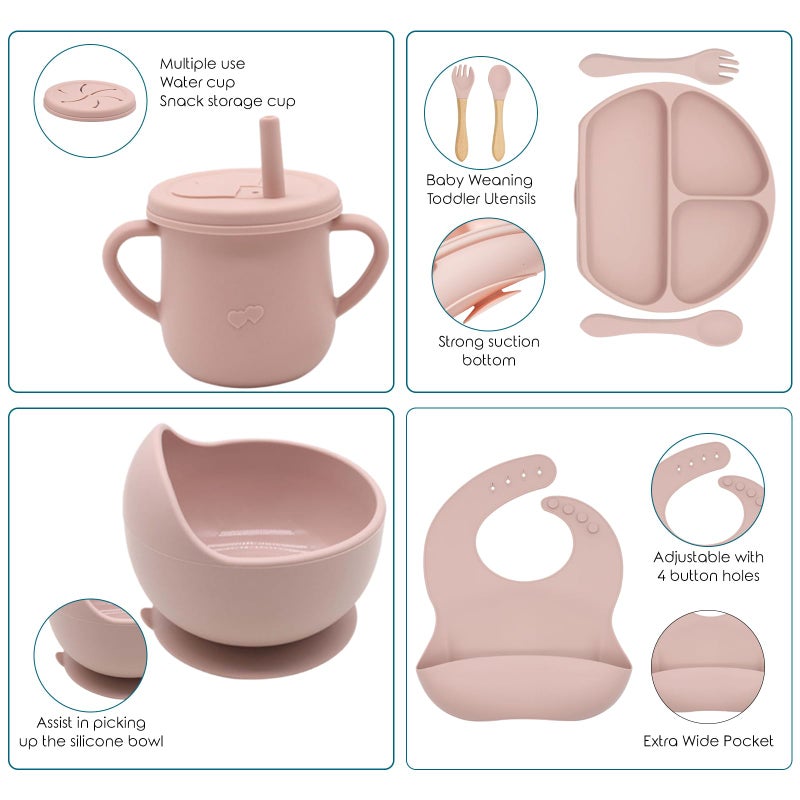 Dormlony 100% Silicone Baby Feeding Set,BPA Free Baby Dishes Set with Suction Bowl Divided Plate,Toddler Self Feeding Dish Set with Spoons Forks Sippy Cup and Bib, Baby Eating Utensils (Pink) - Image 3