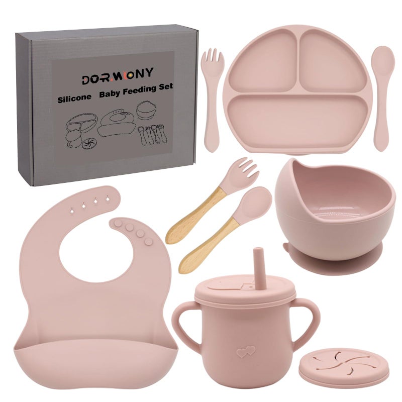 Dormlony 100% Silicone Baby Feeding Set,BPA Free Baby Dishes Set with Suction Bowl Divided Plate,Toddler Self Feeding Dish Set with Spoons Forks Sippy Cup and Bib, Baby Eating Utensils (Pink) - Image 1