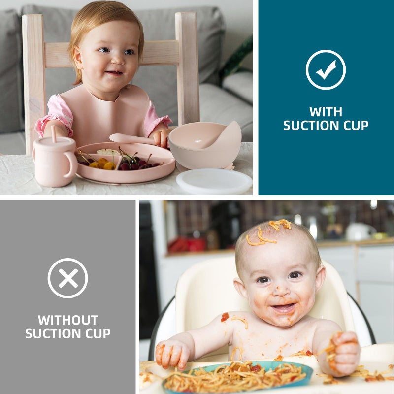 Dormlony 100% Silicone Baby Feeding Set,BPA Free Baby Dishes Set with Suction Bowl Divided Plate,Toddler Self Feeding Dish Set with Spoons Forks Sippy Cup and Bib, Baby Eating Utensils (Pink) - Image 5