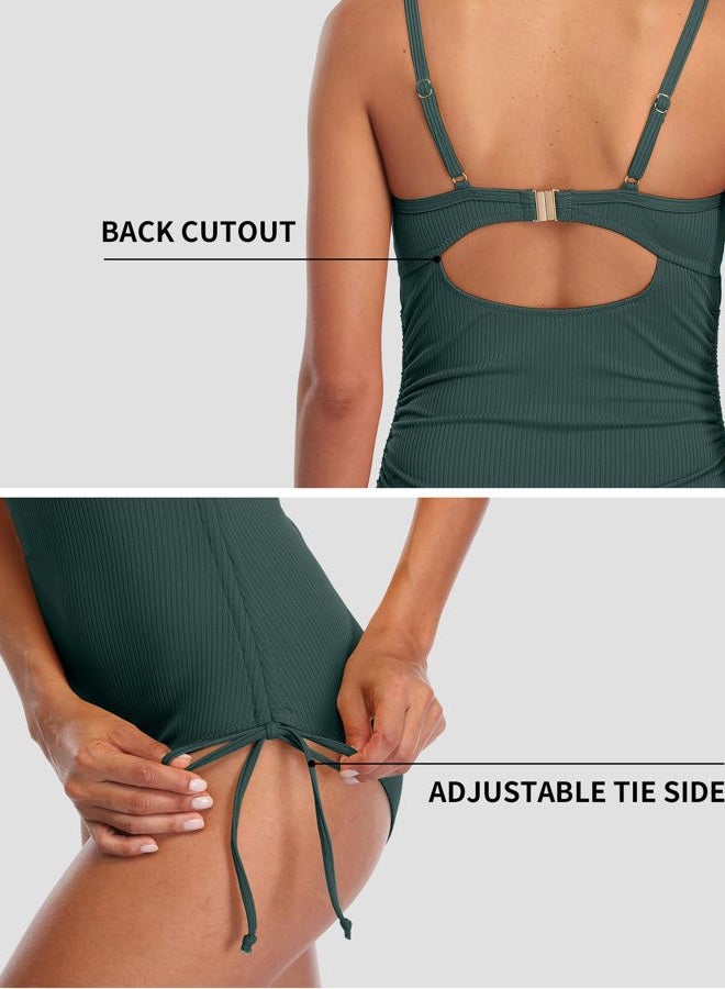 SOCIALA Ribbed Tie Side One Piece Swimsuits for Women High Cut Bathing Suits Padded Monokinis Green Small - Image 4