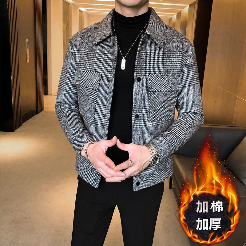 Mens Plaid Wool Coat Short Korean Trendy Jacket Autumn Winter Grey cotton and thickening