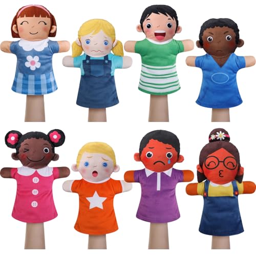 Poen 8 Pcs Hand Puppets Set for Kids Multicultural Hand Puppets Bulk Soft Plush for Toddlers Learning Interaction Suitable for Home Daycare School Classroom Role Play Fantoccini Theater ShowsFeeling - Image 1