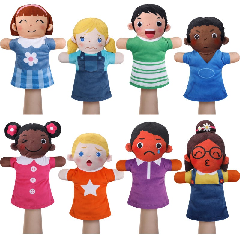 Poen 8 Pcs Hand Puppets Set for Kids Multicultural Hand Puppets Bulk Soft Plush for Toddlers Learning Interaction Suitable for Home Daycare School Classroom Role Play Fantoccini Theater ShowsFeeling - Image 3