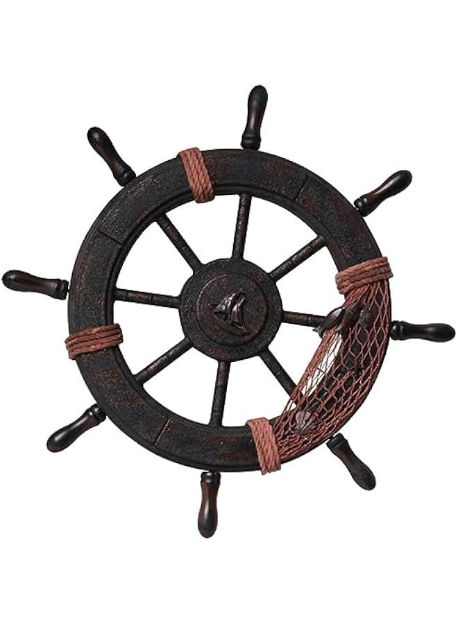 Generic Nautical Wheel Decor 45cm Rustic Boat Steering Wheel Fishing Net Wall Sculpture Mediterranean Captain Rudder Hanging Ornament for Coastal Theme Beach House Decor - Image 1