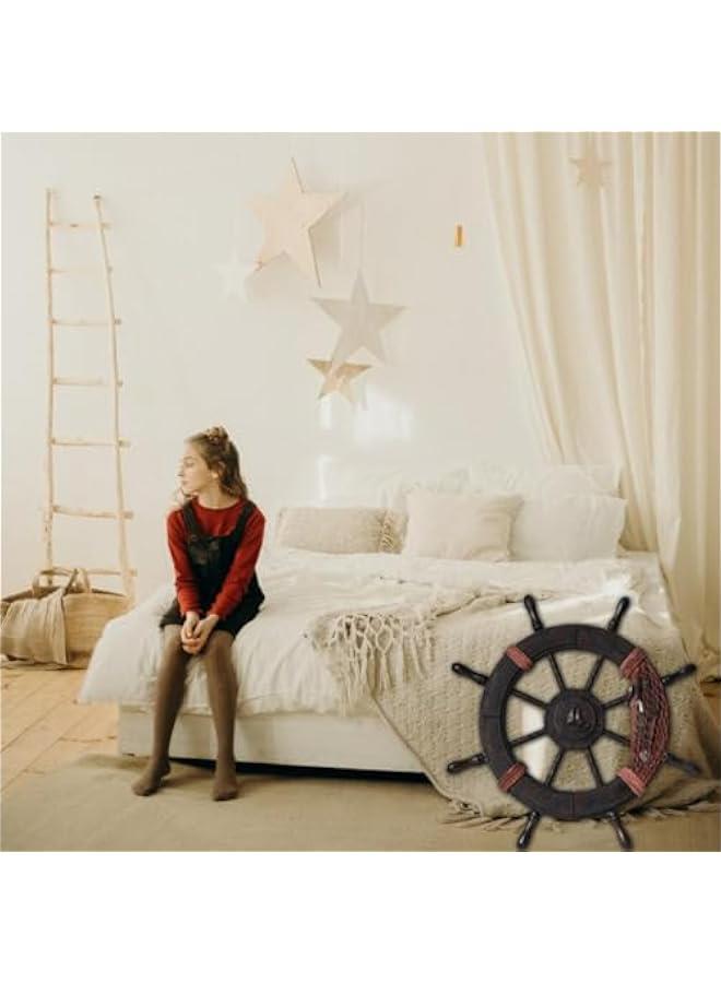 Generic Nautical Wheel Decor 45cm Rustic Boat Steering Wheel Fishing Net Wall Sculpture Mediterranean Captain Rudder Hanging Ornament for Coastal Theme Beach House Decor - Image 4
