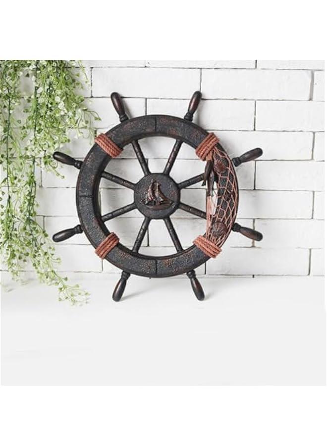 Generic Nautical Wheel Decor 45cm Rustic Boat Steering Wheel Fishing Net Wall Sculpture Mediterranean Captain Rudder Hanging Ornament for Coastal Theme Beach House Decor - Image 5
