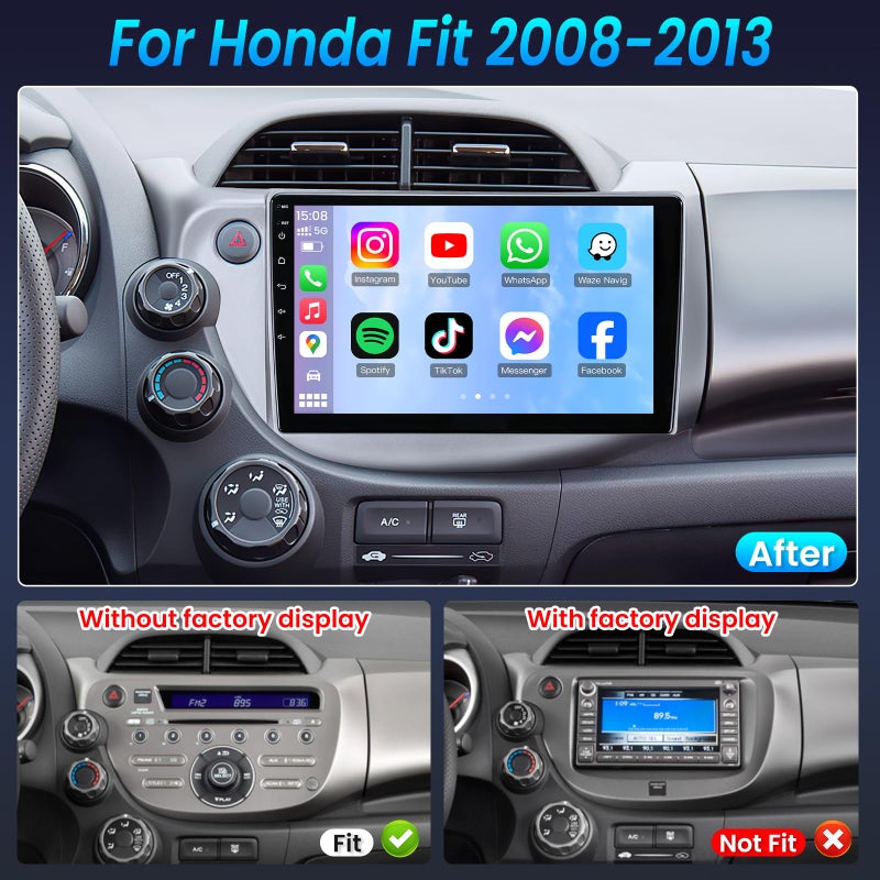 Jufodrca 4 Core Car Radio for Honda Fit 2008-2013: 10" 1280 * 800 HD Touch Screen Stereo with Wireless CarPlay Android Auto Bluetooth 5GWiFi GPS FM SWC Backup Camera - Image 2