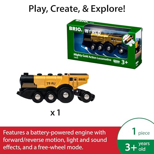BRIO World Mighty Golden Action Locomotive - Battery Operated Toy Train for Wooden Track - Motorized Train with Lights & Sound - Works with All BRIO Sets - Exciting, Interactive Play - Ages 3 & Up - Image 2
