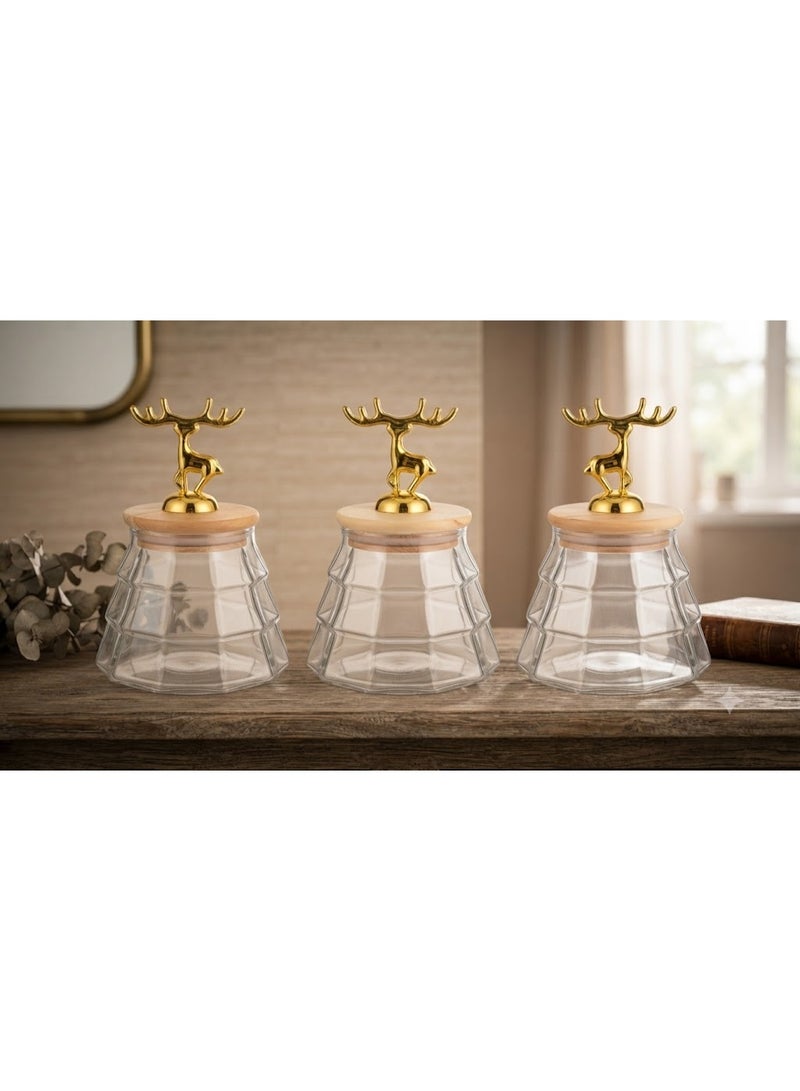 3-Piece Glass Storage Jar Set with Wooden Lids and Golden Deer Figurines - Decorative Food and Spice Containers, Complete Set - Image 1