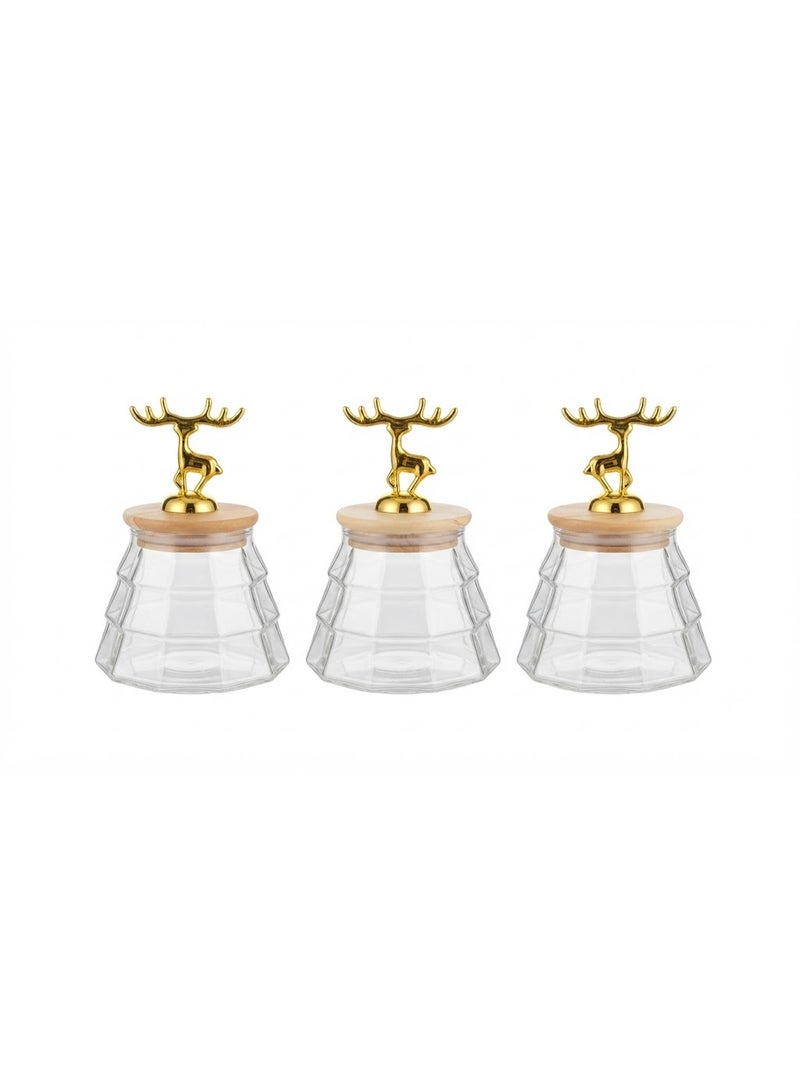 3-Piece Glass Storage Jar Set with Wooden Lids and Golden Deer Figurines - Decorative Food and Spice Containers, Complete Set - Image 2