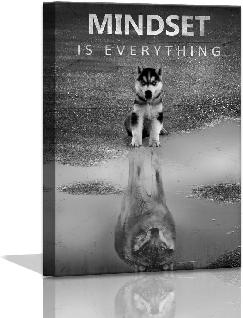 PulsatingFingertip Modern Motivational Wall Art Decor for Bedroom Canvas Wall Art Mindset is Everything Inspirational Wall Art for Office Wolf Motto Artwork Wall Decor Black and White Wall Art Canvas Framed 12x16inch - Image 1