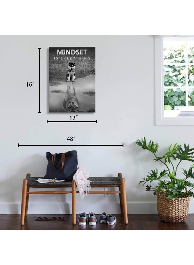 PulsatingFingertip Modern Motivational Wall Art Decor for Bedroom Canvas Wall Art Mindset is Everything Inspirational Wall Art for Office Wolf Motto Artwork Wall Decor Black and White Wall Art Canvas Framed 12x16inch - Image 2