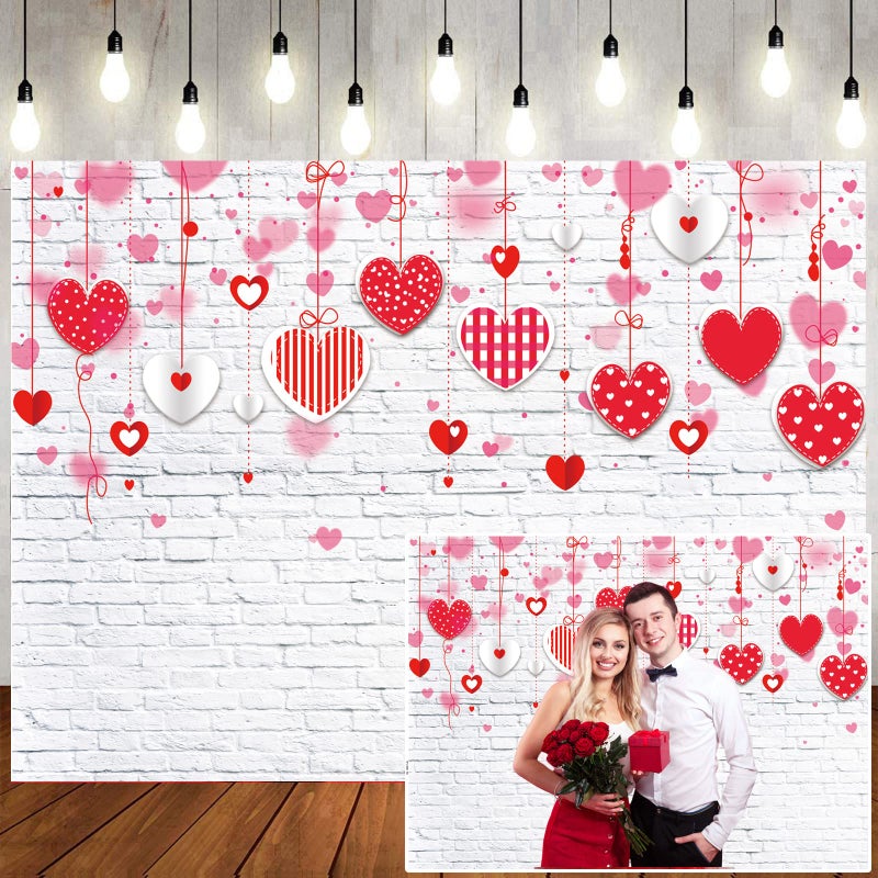 LTLYH 7x5ft Valentines Day Backdrop White Brick Wall Red Hearts Photography Background for Mothers Day Wedding Bridal Shower Birthday Party Decor Banner Portrait Photo Booth Props 088