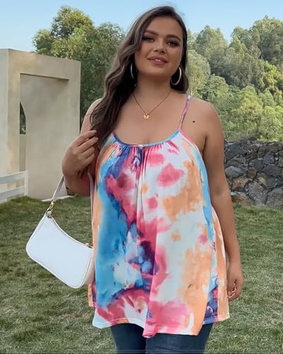 JOELLYUS Plus Size Tank Tops for Women Boho Floral Loose Cami Spaghetti Strap Tunic Blouses（Tie Dye Red，3X） - Image 3