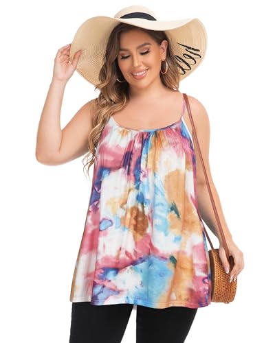 JOELLYUS Plus Size Tank Tops for Women Boho Floral Loose Cami Spaghetti Strap Tunic Blouses（Tie Dye Red，3X） - Image 5