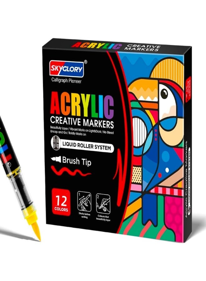 12-Color Acrylic Paint Markers with Brush Tip, Water-Based No-Bleed Markers with Automatic Ink Control, Waterproof Acrylic Paint Pens for Rock, Egg, Wood, Fabric, Glass, DIY Crafts