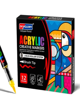 12-Color Acrylic Paint Markers with Brush Tip, Water-Based No-Bleed Markers with Automatic Ink Control, Waterproof Acrylic Creative Paint Pens for Rock, Egg, Wood, Fabric, Glass, Non-Toxic DIY Crafts Art Supplies for Kids, Adults and School