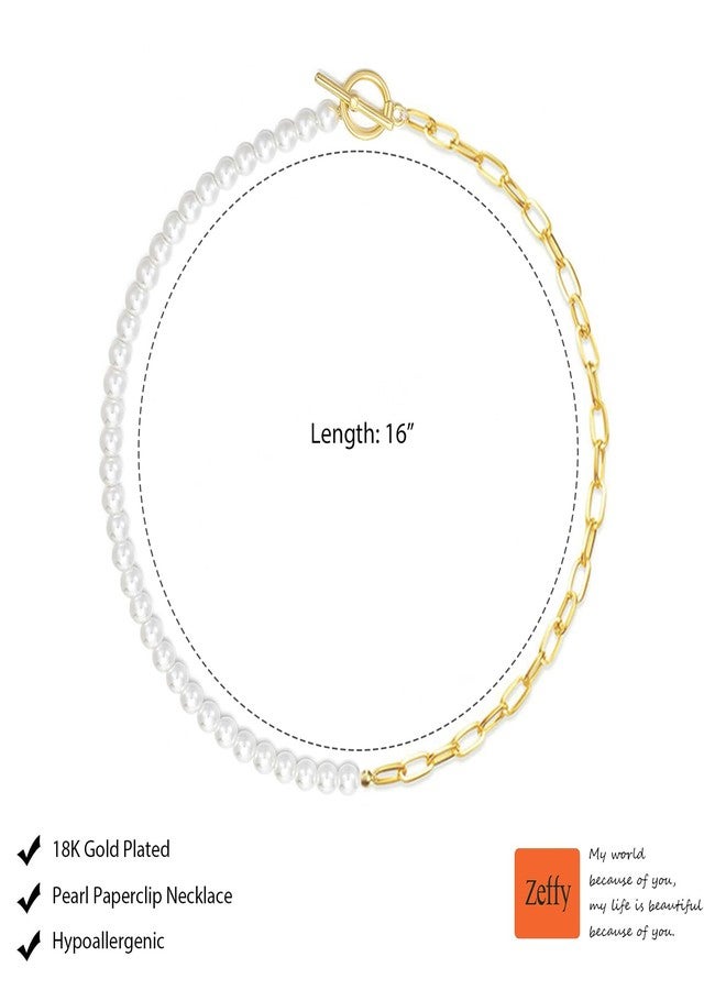 Zeffy Pearl Paperclip Chain Necklace, Vintage Chunky Link Chain Baroque Gold Pearl Paper Clip Choker Necklace Fashion Retro Charm Valentine Jewelry for Women - Image 4
