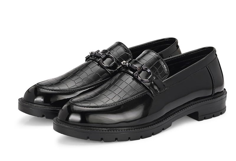 MACTREE Croco Print Leather Slipon Loafers for Men | Chunky Sole Loafers (Black, UK 6) - Image 1