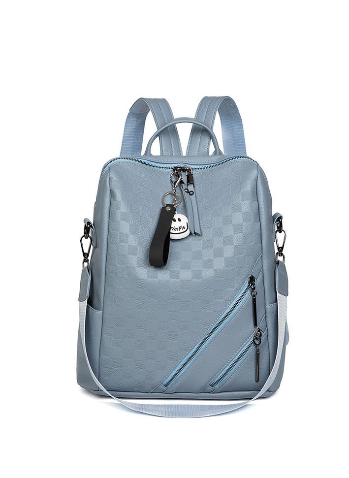MIXDE - Casual Backpack Large-Capacity Soft Leather Schoolbag Outdoor Travel Backpack Ladies Bag Blue - Image 1