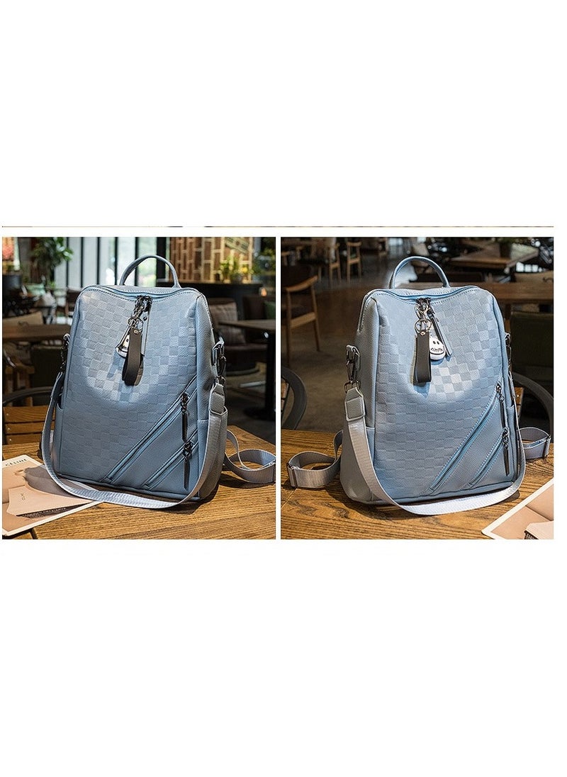 MIXDE - Casual Backpack Large-Capacity Soft Leather Schoolbag Outdoor Travel Backpack Ladies Bag Blue - Image 1