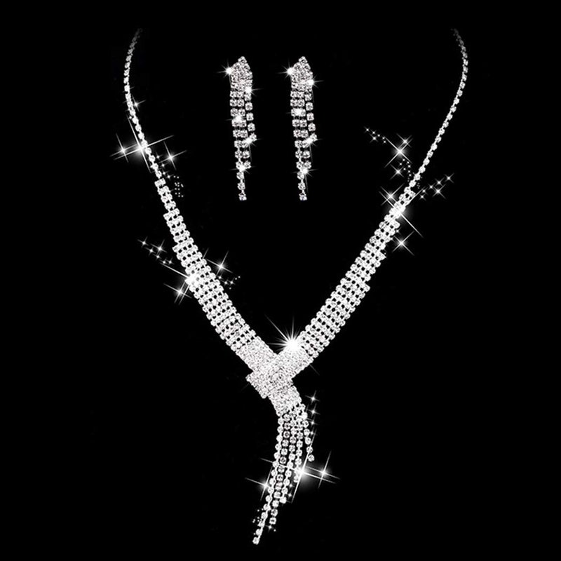 Unicra Silver Necklace Earrings Set Crystal Bridal Wedding Jewelry Sets Rhinestone Choker Necklace for Women and Brides - Image 1