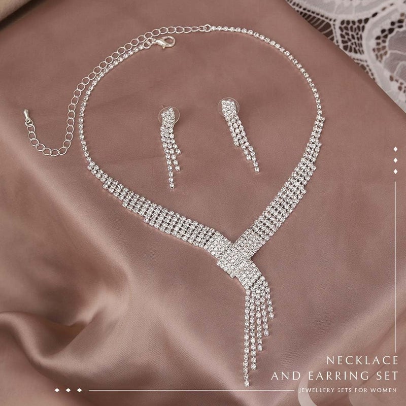 Unicra Silver Necklace Earrings Set Crystal Bridal Wedding Jewelry Sets Rhinestone Choker Necklace for Women and Brides - Image 3