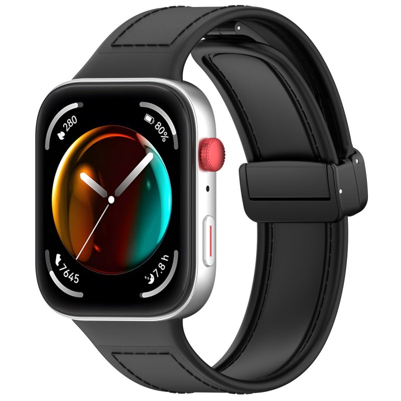 erorex For Huawei Watch Fit 3 Folding Buckle Silicone Fitted Leather Watch Band(Black) - Image 1